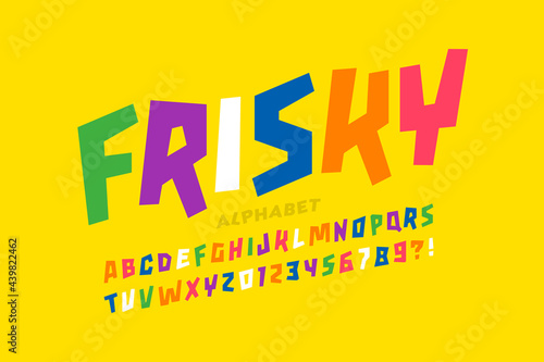 Playful style font design, colorful childish frisky alphabet, letters and numbers vector illustration