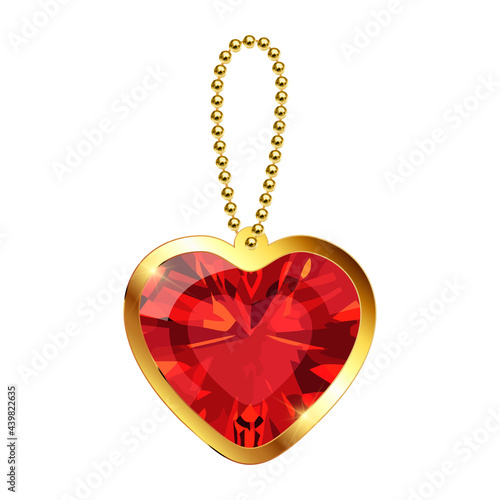 Beautiful keychain with heart pendant on a gold chain. Red ruby gemstone  in gold setting isolated on white background. Golden necklace or bracelet. Decoration for women. Vector illustration EPS10