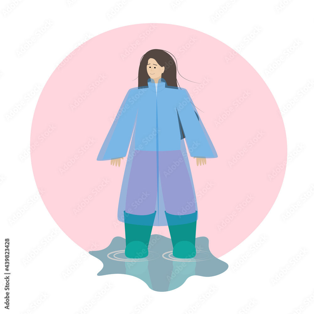 Young girl dressed for a walk in the rain. A woman in a raincoat and rubber boots. Abstract illustration in flat style isolated on white background. Young girl dressed for a walk in the rain. A woman in a raincoat and rubber boots. Abstract illustration in flat style isolated on white background.