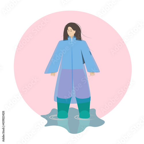 Young girl dressed for a walk in the rain. A woman in a raincoat and rubber boots. Abstract illustration in flat style isolated on white background.
