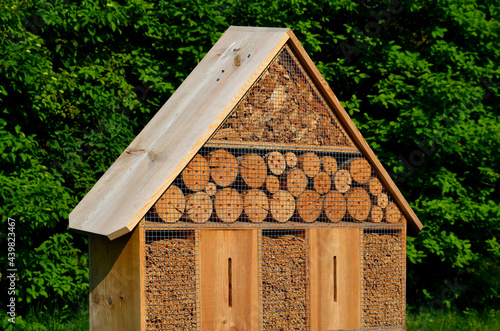 a flowering meadow is sown between the parking lot and the road. near the region there is a wooden house as accommodation and laying insects. sticks and woods with holes for laying insect eggs.