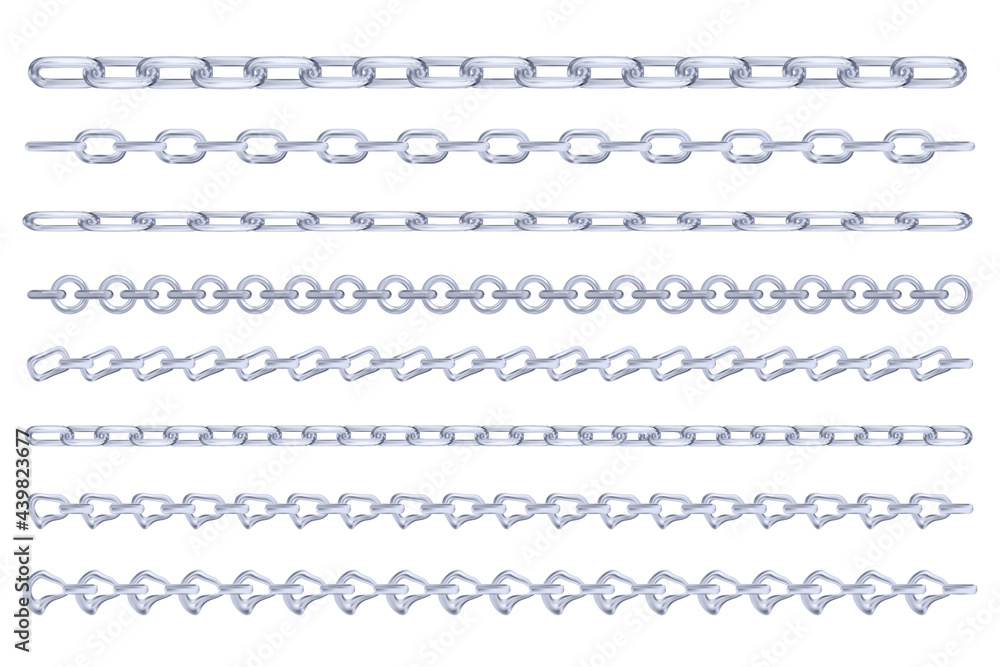 Set of realistic silver chains. Luxury silver links of different shapes for necklace or bracelet isolated on white background. Metallic frames collection for your design. Vector illustration EPS10