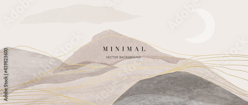 Mountain and sun Abstract art background vector. Luxury oriental style watercolor background with line art and brush texture. Wallpaper design for prints, cover, banner, wall art and home decoration.