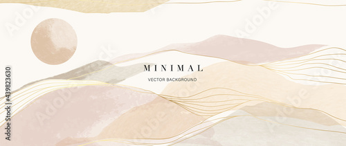 Mountain and sun Abstract art background vector. Luxury oriental style watercolor background with line art and brush texture. Wallpaper design for prints, cover, banner, wall art and home decoration.