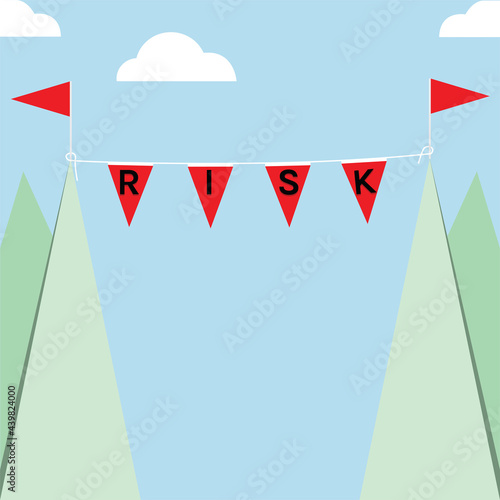 Risk text with red flag and green mountain,vector design