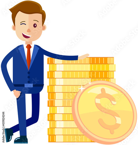 Billionaire businessman near stack of golden coins. Rich man in costume shoveling up money. Man with bunch of money. Business success concept. Rich male character shows money in form of gold coins