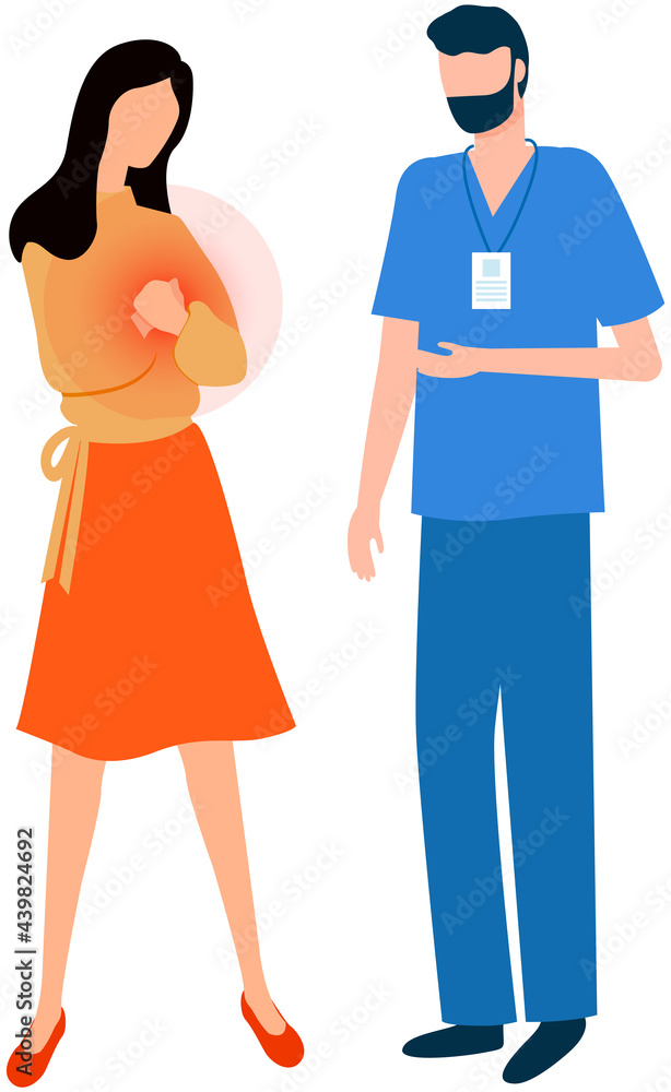 Sick woman with heart attack, pain, health problem in consultation with doctor. Medical specialist consults patient with problems with cardiovascular system. Person suffering from pain in chest Sick woman with heart attack, pain, health problem in consultation with doctor. Medical specialist consults patient with problems with cardiovascular system. Person suffering from pain in chest