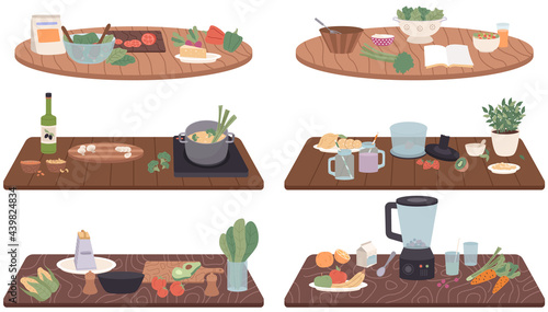 Set of illustrations about process of cooking vegetarian food, gluten free and healthy dish. Proper nutrition, healthy lifestyle and vegetarianism concept. Ingredients and cooking utensil for cooking