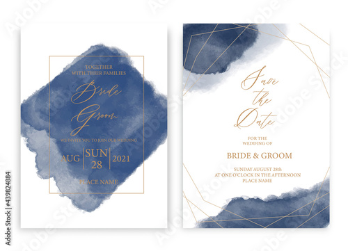 Wedding invitation card navy blue watercolor style collection design, watercolor texture background, brochure, invitation template