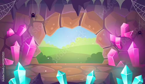 Fantasy cave with crystals. Exit from the cave.Illustration in cartoon style for games.