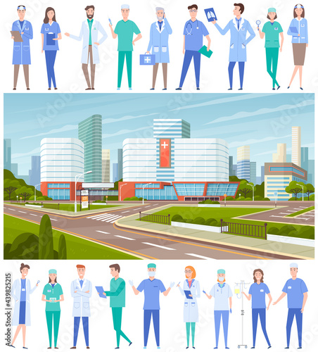 Modern hospital building, healthcare system and medical facility with all departments. Clinic with ambulance. Healthcare and emergency concept. Medical specialists treating various diseases