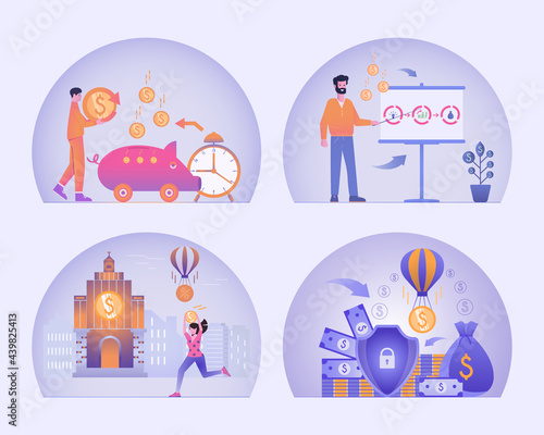 Business icons set. The process from idea to successful project implementation. Banking and financial transactions. Profitable investment of money, protection of confidentiality. Vector illustration..