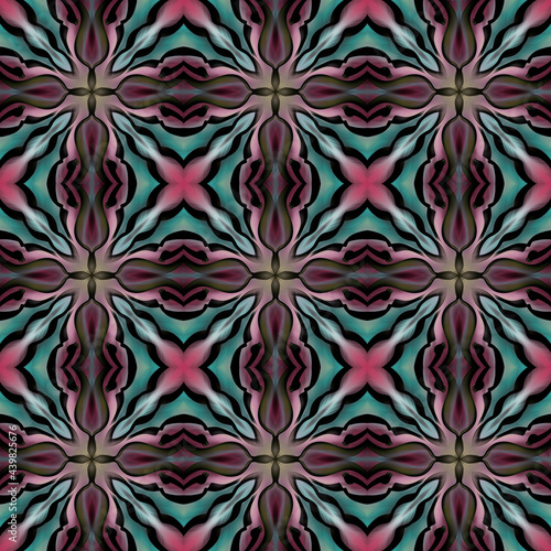 Seamless abstract geometric floral surface pattern in vivid colors repeating symmetrically. Use for fashion design, home decoration, wallpapers and gift packages.