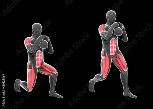 3d Illustration of Kettlebell Globet Static Lunge