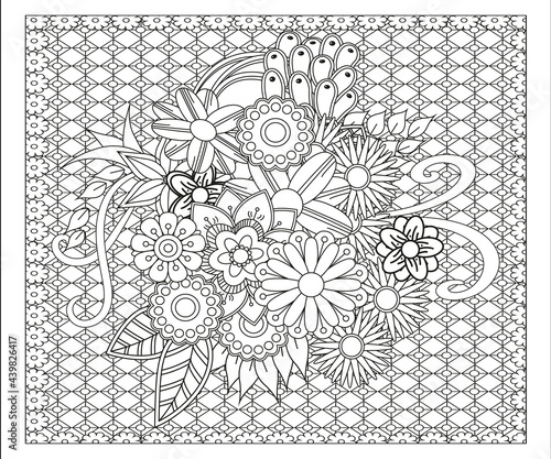 Outline round flower pattern in mehndi style for coloring book page. Antistress for adults and children. Doodle ornament in black and white. Hand draw vector illustration.