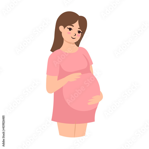 Happy pregnant woman is standing and hugging her belly. Vector cartoon illustration.