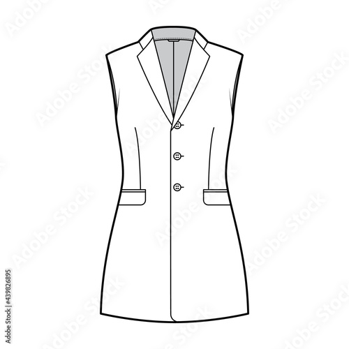 Sleeveless jacket lapelled vest waistcoat technical fashion illustration with notched collar, button-up, fitted body. Flat template front, white color style. Women, men unisex top CAD mockup