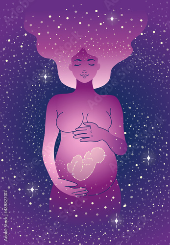 Happy pregnant woman with a baby hugging her belly in space. Esoteric concept. Vector cartoon illustration.