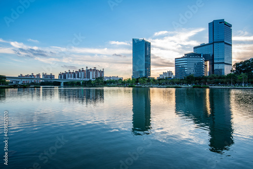The skyline of buildings along the Jiaomen River in Nansha District, Guangzhou