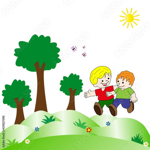 Pareja de niños felices paseando por el campo.