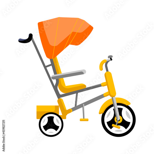 Children's yellow bicycle with a dome visor. Bicycle, tricycle icon. Vector flat isolated object on a white background.