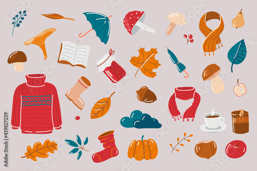 Set of vector hand-drawn autumn elements in warm colors. A collection of isolated seasonal icons: scarf, leaves, mushrooms, berries, jam, sock, boot, umbrella, tea, acorn, nut.