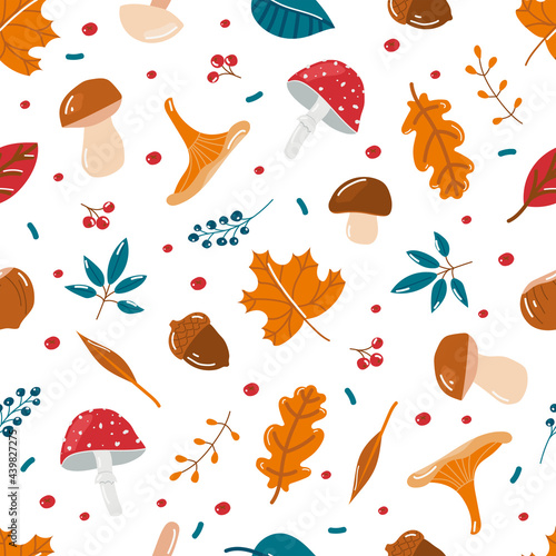 Vector seamless autumn background of leaves, mushrooms and berries. Fall elements on a white background.