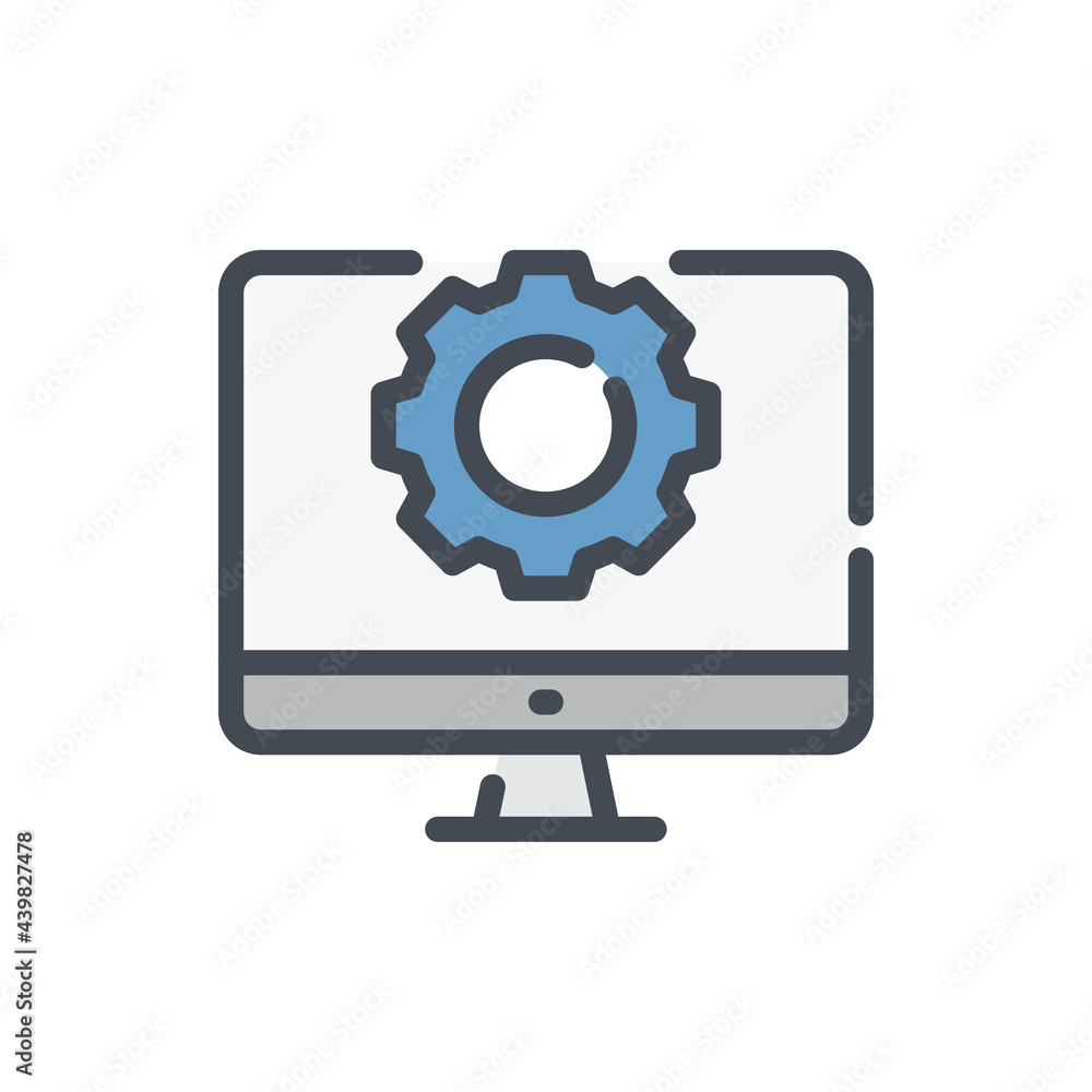Settings and maintenance color line icon. Computer with gear on monitor vector outline colorful sign. Settings and maintenance color line icon. Computer with gear on monitor vector outline colorful sign.