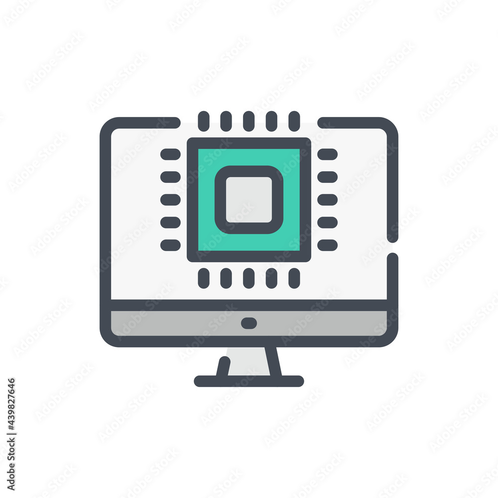 Digital microchip color line icon. Computer with chip vector outline colorful sign. Digital microchip color line icon. Computer with chip vector outline colorful sign.