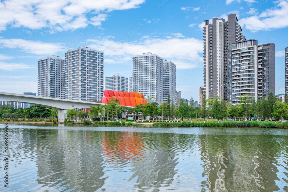 Buildings on the Jiaomen Riverside in Nansha Free Trade Zone, Guangzhou, China