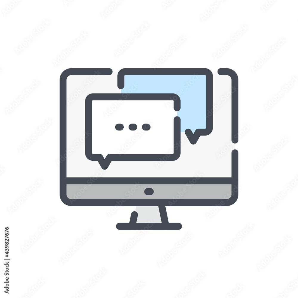 Online communication color line icon. Computer with message boxes vector outline colorful sign. Online communication color line icon. Computer with message boxes vector outline colorful sign.
