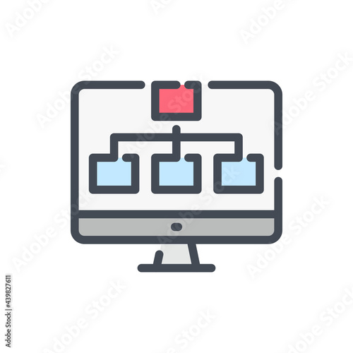 Sitemap and structure color line icon. Computer with hierarchy tree vector outline colorful sign.