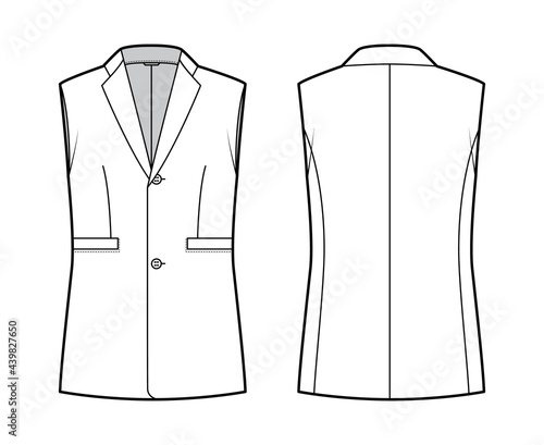 Sleeveless jacket lapelled vest waistcoat technical fashion illustration with notched collar, single breasted, pockets. Flat template front, back, white color style. Women, men unisex top CAD mockup