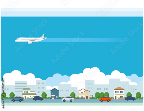 飛行機と街並みのイラスト素材