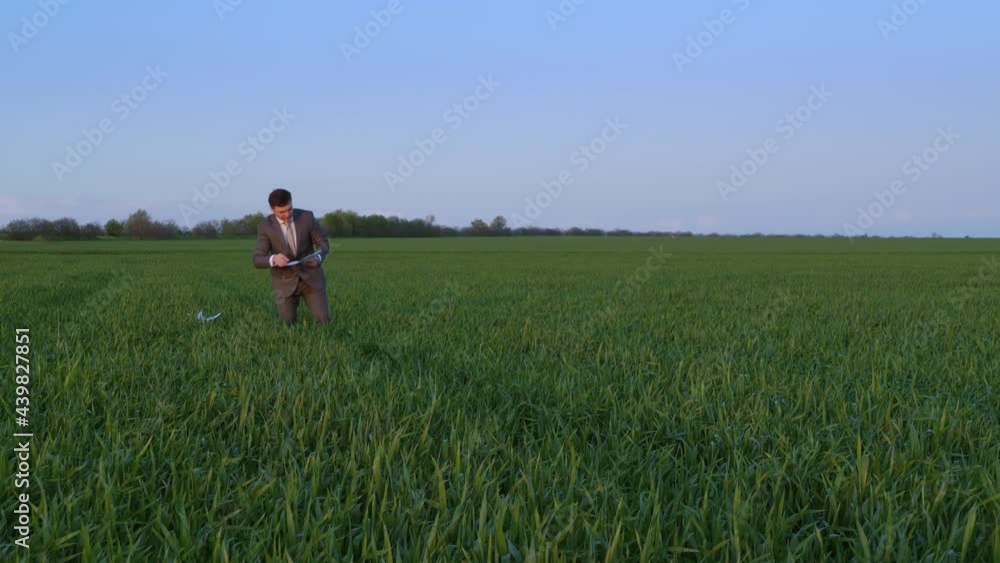 businessman collects reports in a green field, freelance and business concept, green grass and blue sky as background
businessman collects reports in a green field, freelance and business concept, green grass and blue sky as background