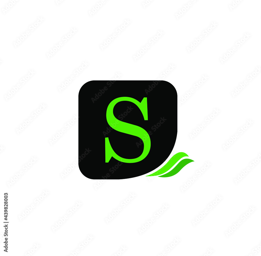 S letter monogram with green leaf. S letters on black color with green leaf. S letter logo. S letter monogram with green leaf. S letters on black color with green leaf. S letter logo.