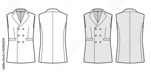 Sleeveless jacket lapelled vest waistcoat technical fashion illustration with double breasted, button-up closure, pockets. Flat template front, back, white, grey color style. Women, men top CAD mockup