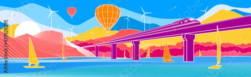 Colorful bright mountain landscape. Infrastructure and transport illustration. Balloons are flying. Train rides on bridge. Boats on the water. White outline on color background. Vector design art