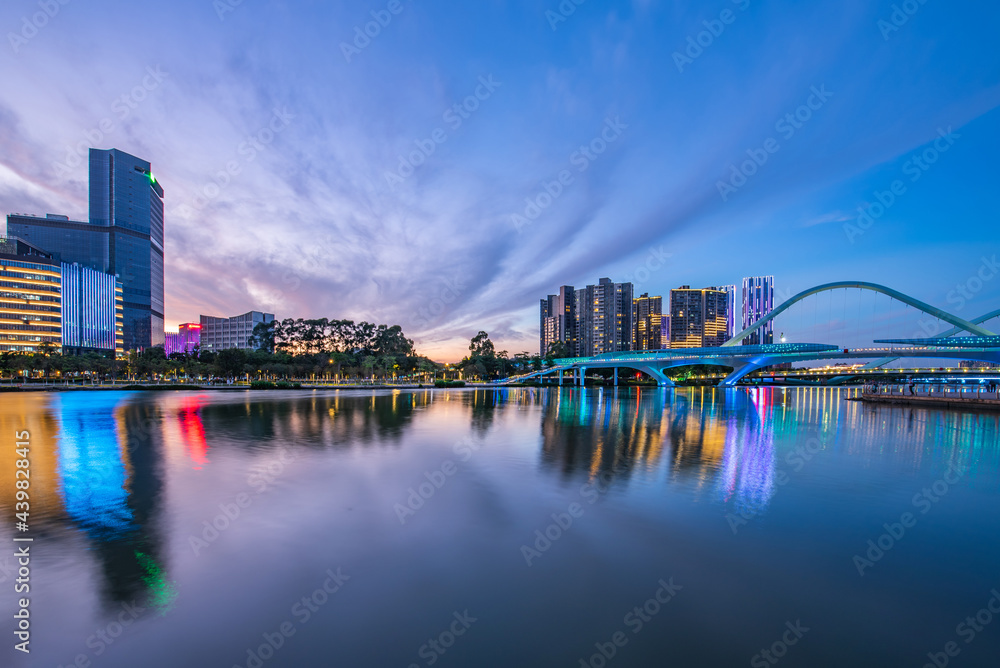 Night view of Jiaomen River pedestrian bridge in Nansha, Guangzhou, China