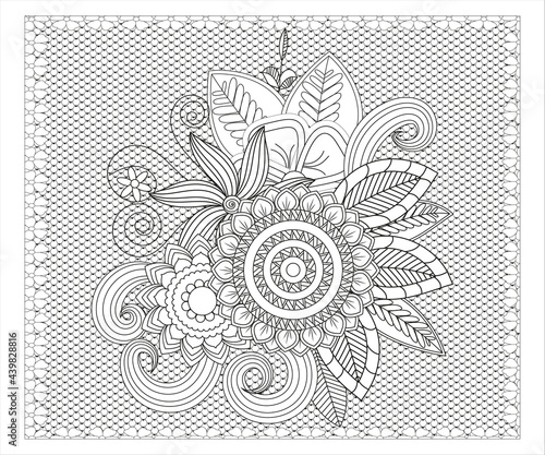 Fototapeta Naklejka Na Ścianę i Meble -  Outline round flower pattern in mehndi style for coloring book page. Antistress for adults and children. Doodle ornament in black and white. Hand draw vector illustration.