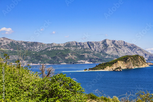 Island of Saint Nicholas (Sveti Nikola) in Adriatic Sea in front of the coast of Budva, Montenegro, Europe.