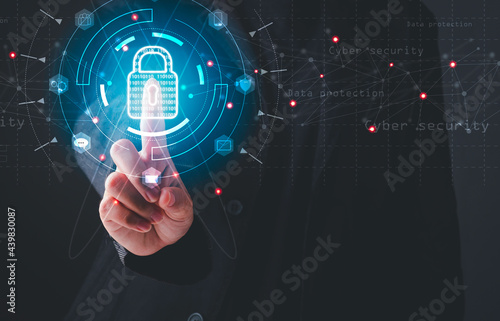 Data protection privacy and data protection concept. Businessman touch lock icon protecting data personal information. Information privacy internet technology.