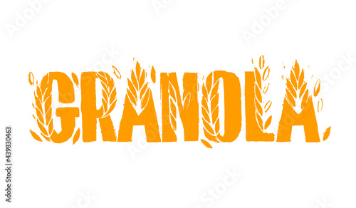 Granola logo template with handwritten calligraphy, lettering composition in doodle style. Muesli, organic health food concept. Hand made vector.