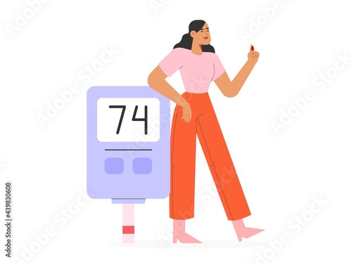 World diabetes day template. Female character checking blood sugar level using a blood glucose meter.