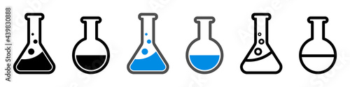 Set of lab flask icons. Laboratory glassware or beaker equipment isolated on white background. Experiment flasks. Vector illustration.