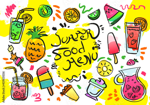 Set of hand drawn isolated illustration on yellow background. Doodle of summer food menu: ice-cream, juice, watermelon, kiwi, pineapple, mojito, orange, lime
