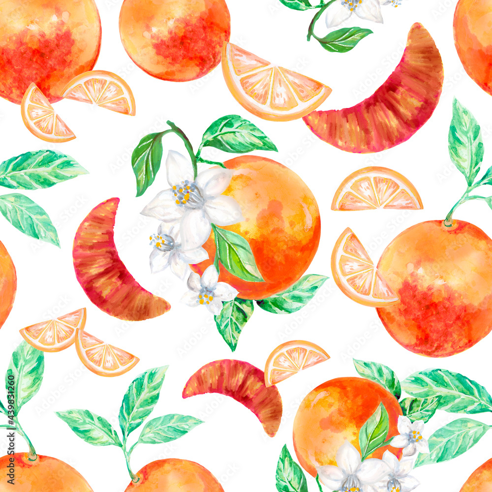 Fototapeta premium Watercolor illustration hand painting fresh bright Grapefruit Botanical and flower blossom seamless pattern