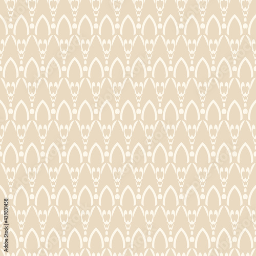 Tiled background pattern with white geometric ornament on beige backdrop, wallpaper. Seamless pattern, texture. Vector illustration for design.