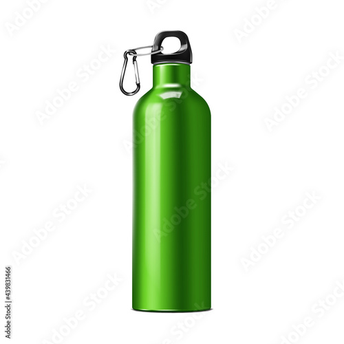 Insulated water bottle with carry handle and carabiner clip, realistic vector mock-up. Stainless steel sport flask. Template for design