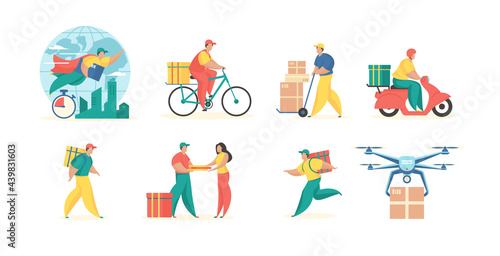 Delivery methods goods set. Global pedestrian and transport courier delivery services. Use electronic drones with innovative logistics. Highspeed worldwide industry. Vector flat illustration